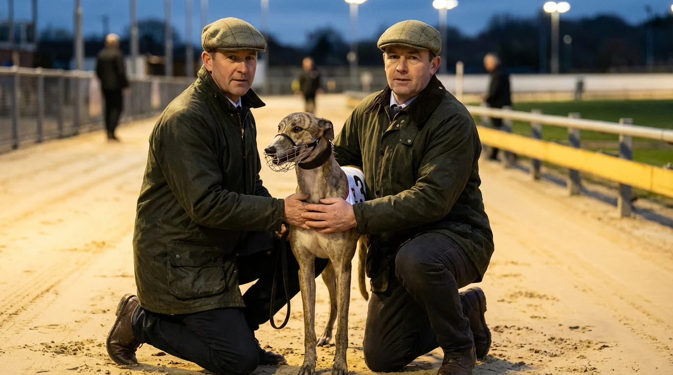 Greyhound racing trainer walking a racing dog at a UK sand track