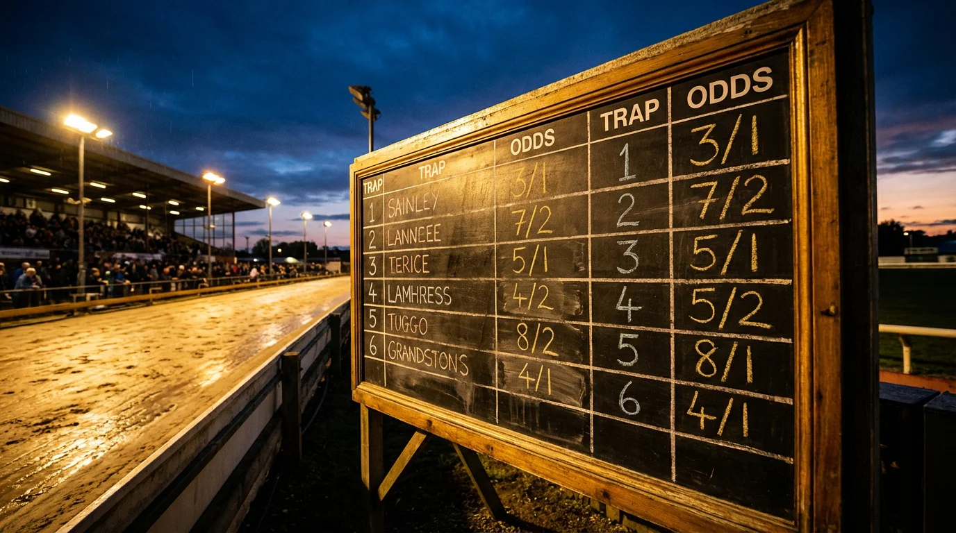 Close-up of greyhound racing odds board showing best odds guaranteed