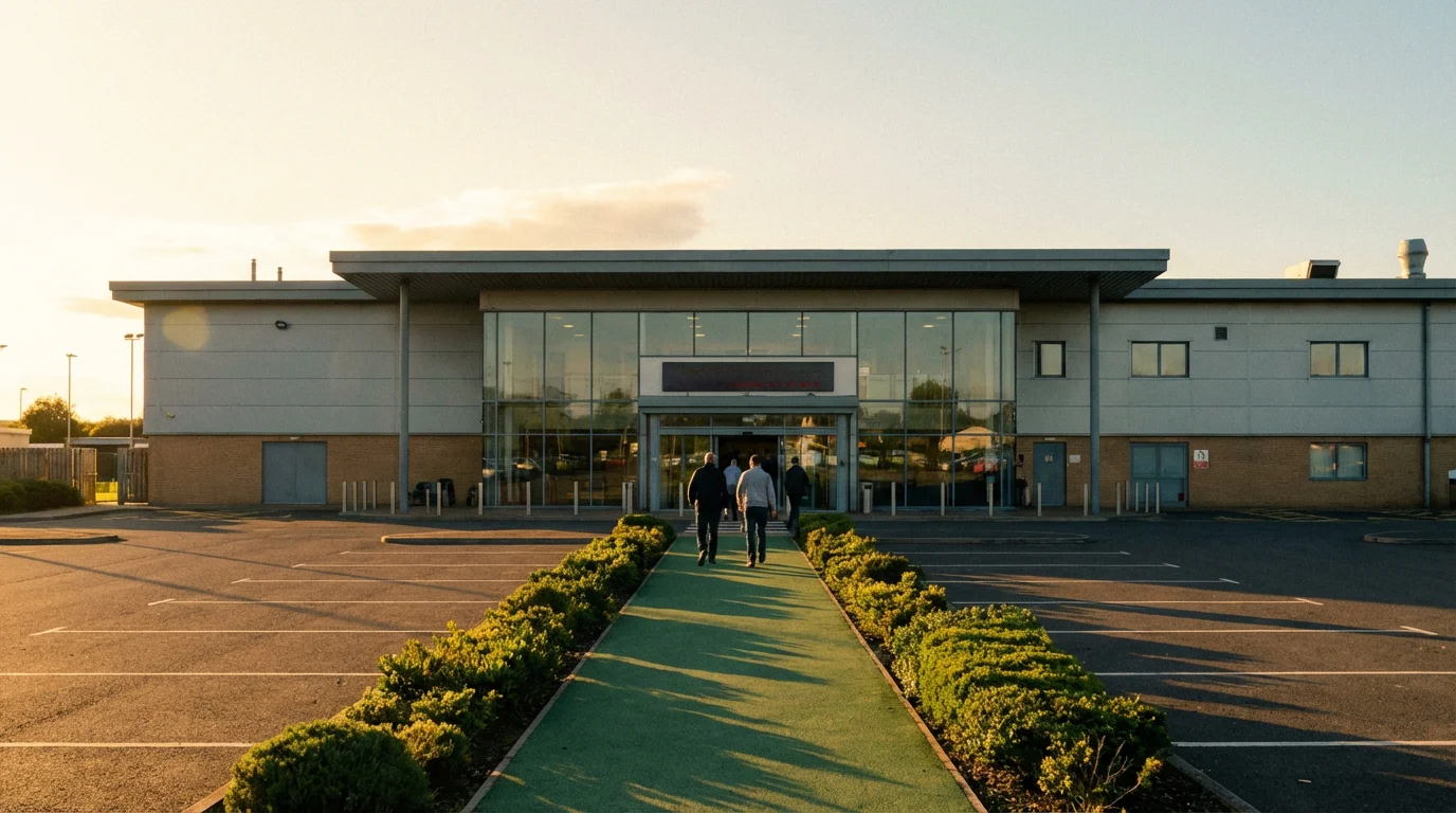 Towcester Greyhound Stadium exterior view showing the modern home of the English Greyhound Derby