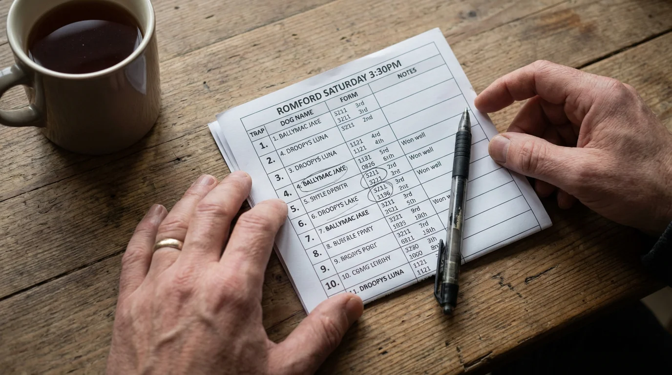 Punter studying a greyhound racing form guide and betting slip at Towcester Stadium