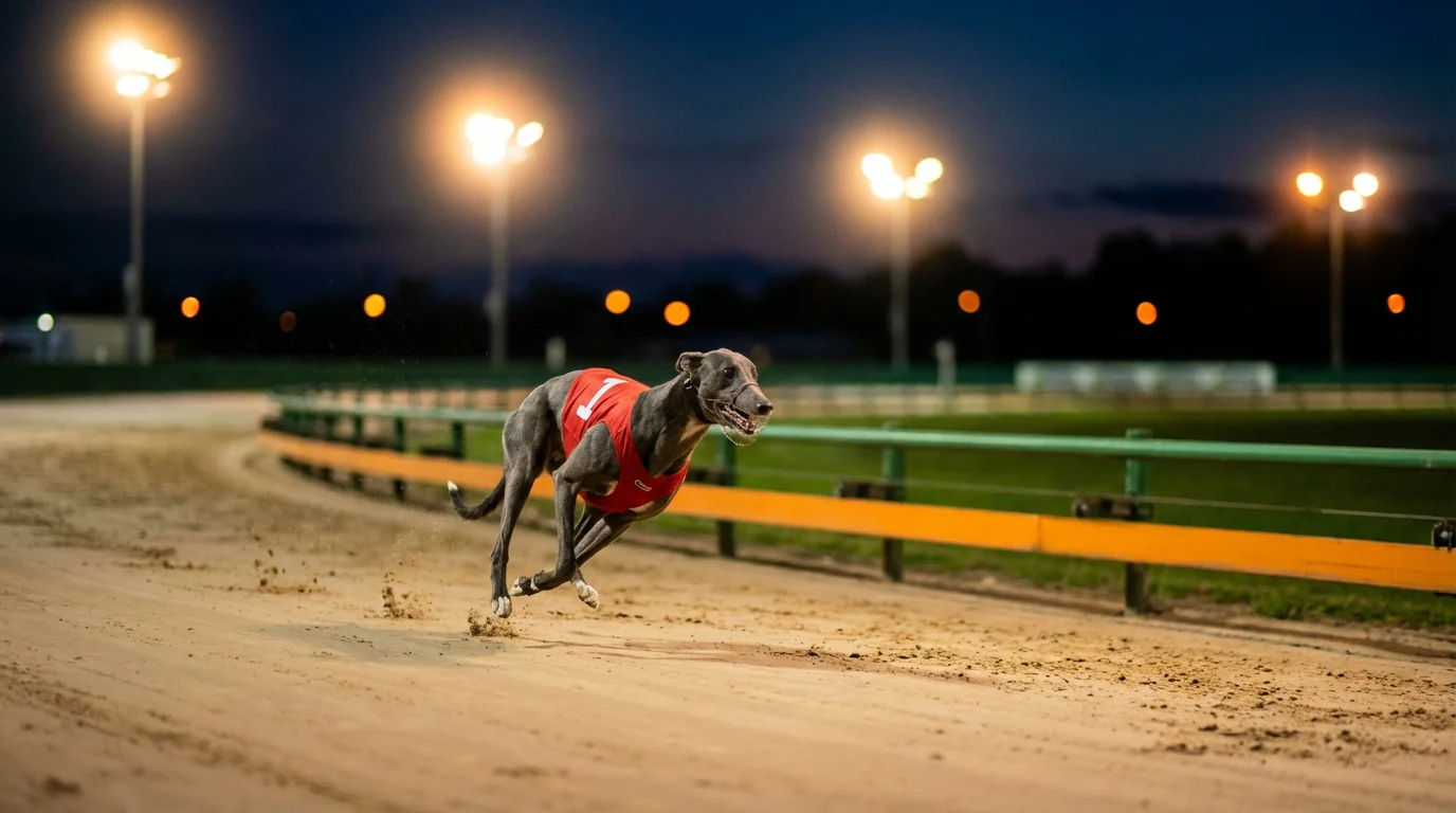 Greyhound betting strategy — greyhound sprinting on a sand track during an evening race