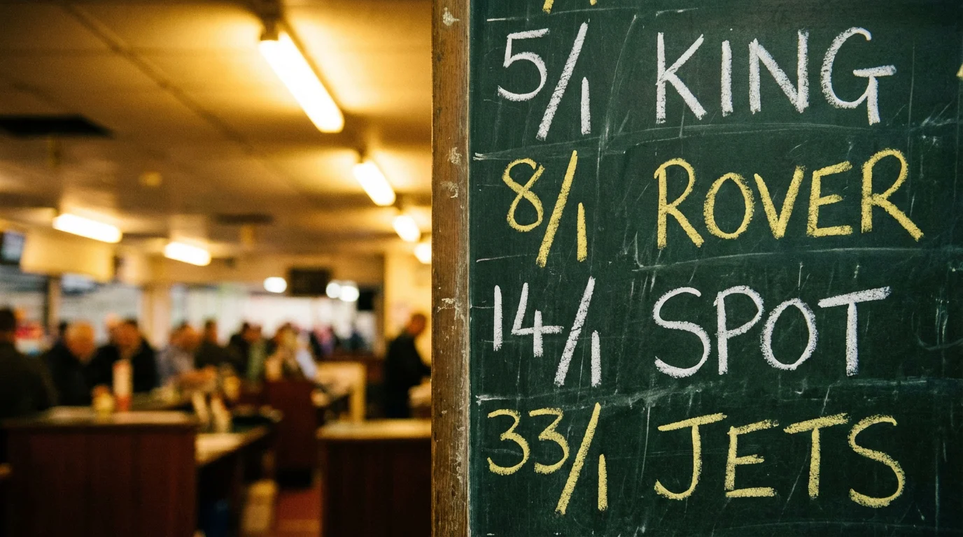 Greyhound derby ante-post odds displayed on a bookmaker board at a UK dog racing track