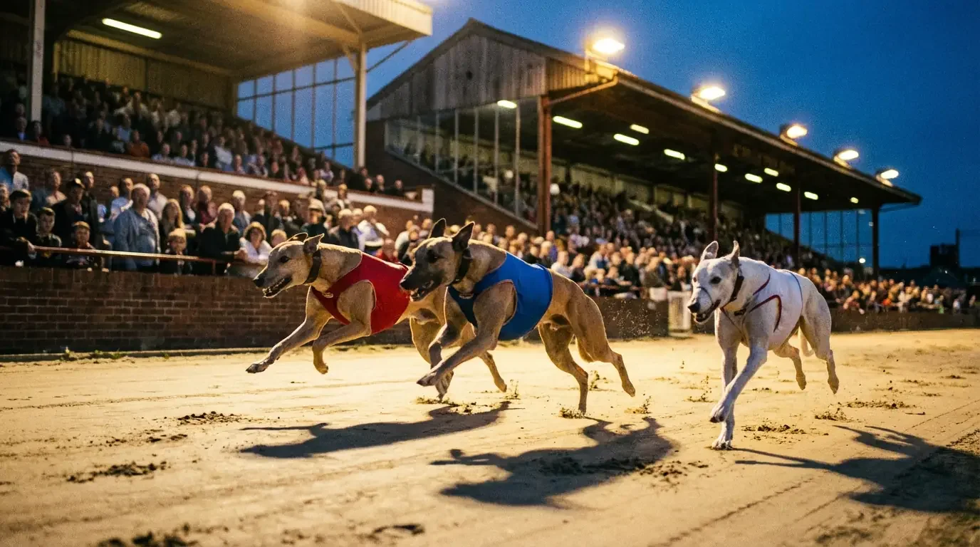 Greyhound Derby history — greyhounds racing under floodlights at a classic British stadium