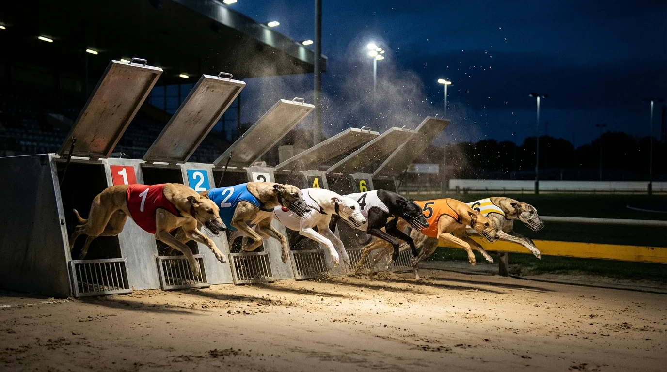 Greyhound Derby qualifying rounds — six greyhounds bursting from the starting traps