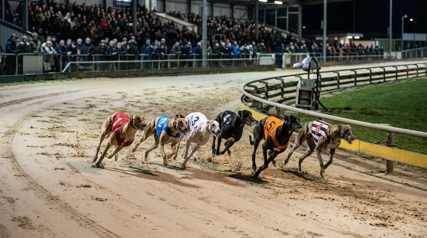 Greyhound Derby semi-final night at Towcester with dogs racing on sand track