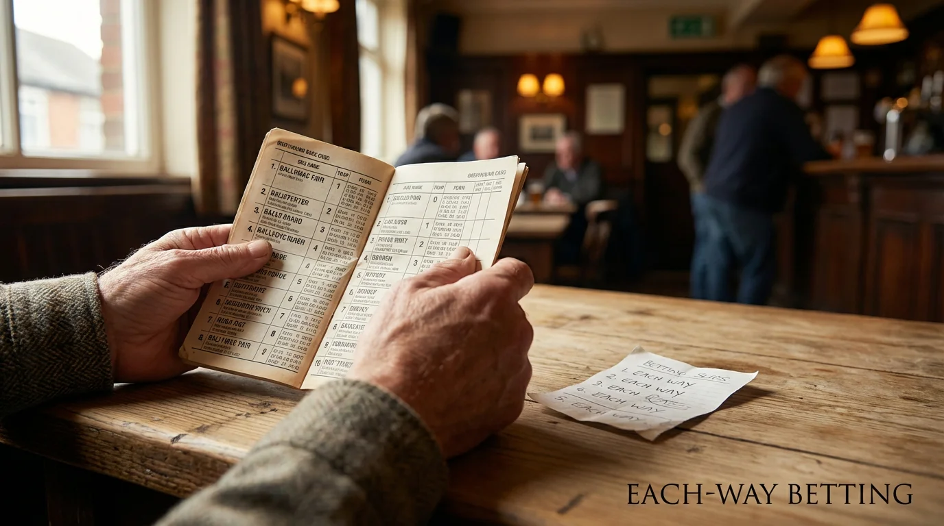 Greyhound each-way betting slip with race card on a table
