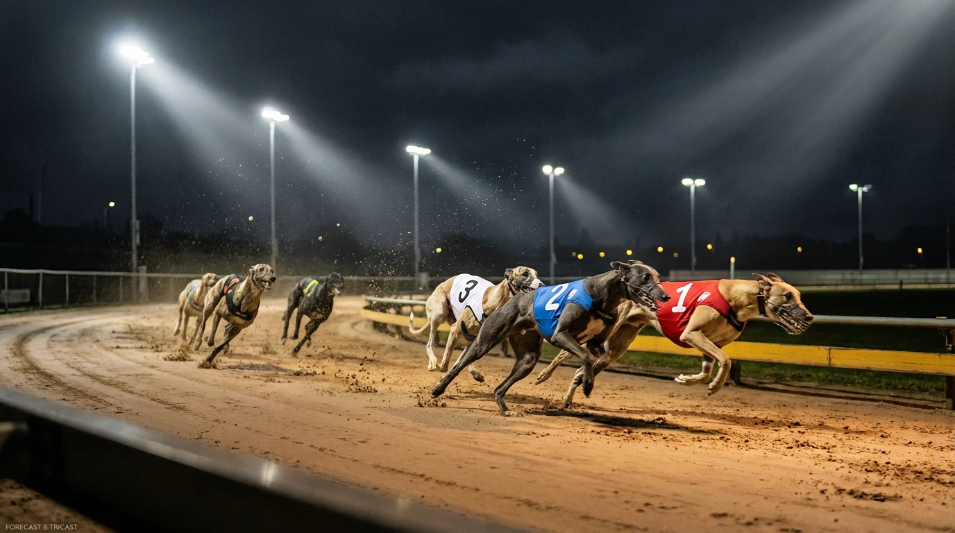 Six greyhounds racing around a bend at a floodlit UK track
