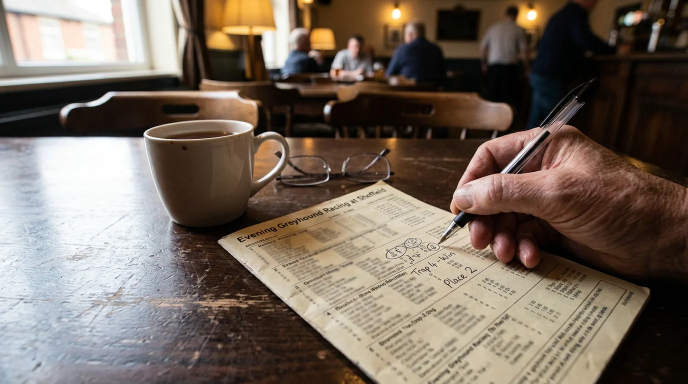 Greyhound racing form guide — close-up of a printed race card with pen marks