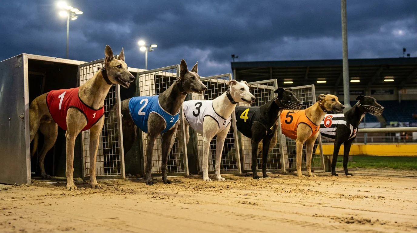 Greyhound racing grading system in the UK with dogs lined up at traps