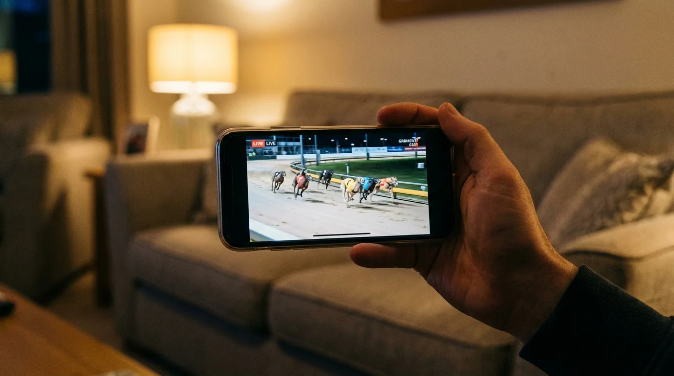 Greyhound racing live streaming on a mobile phone at the track