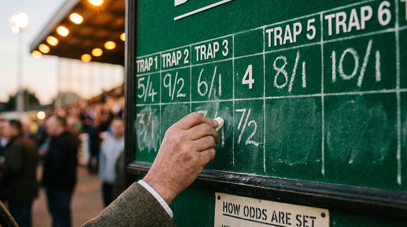 Close-up of a bookmaker's greyhound odds board at a UK track