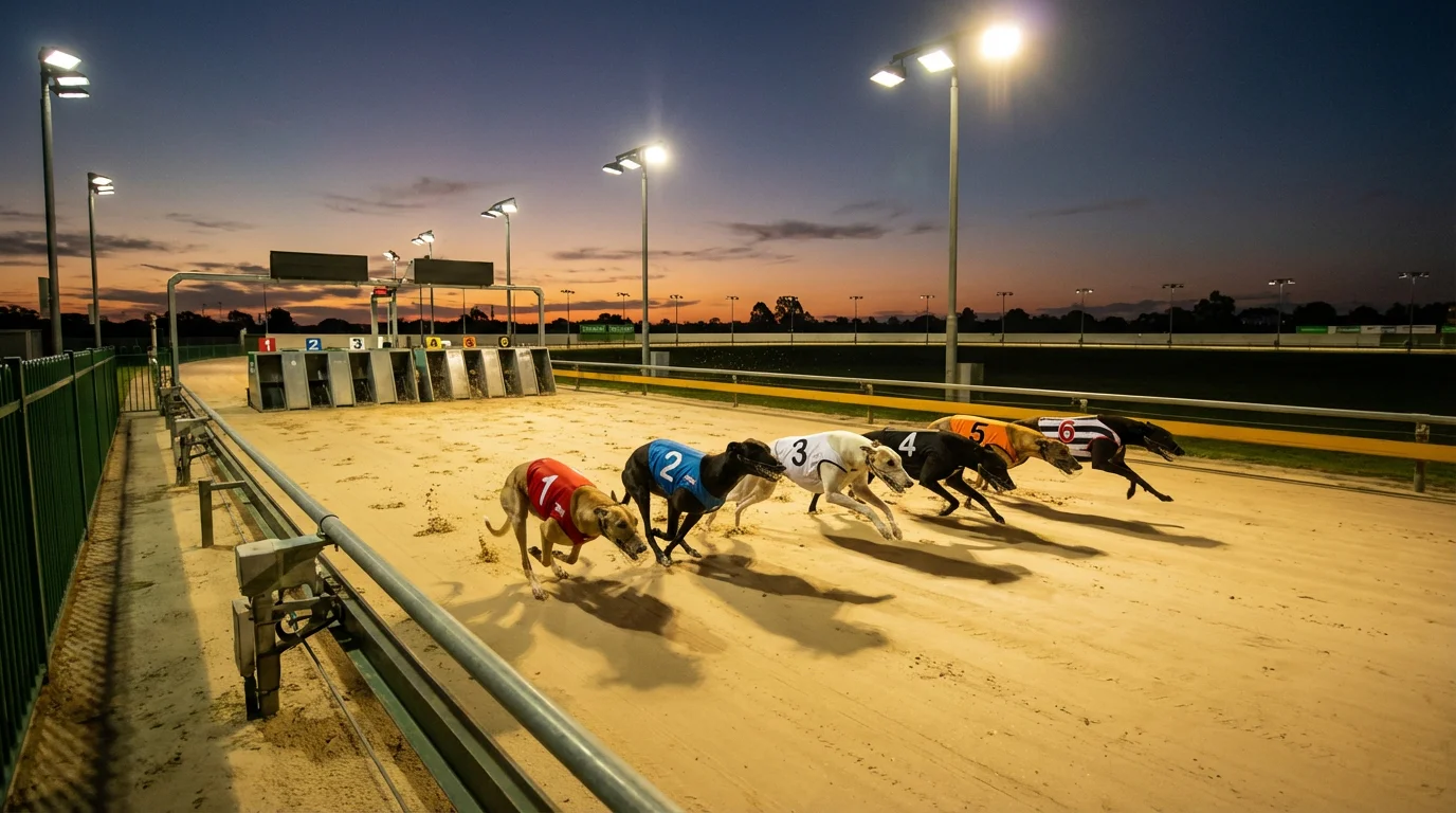 Six greyhounds breaking from numbered traps at the start of a race on a sand track