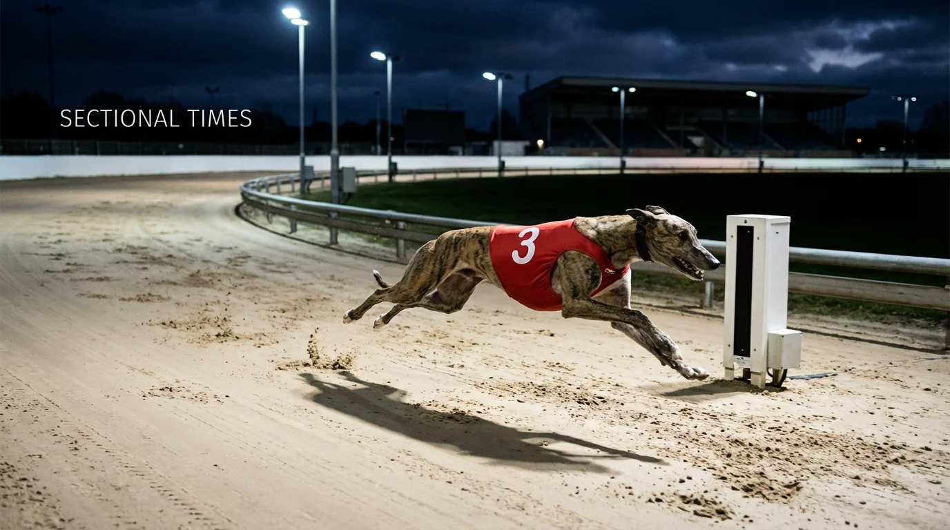 Greyhound sprinting past the first bend on a sand track with timing equipment visible