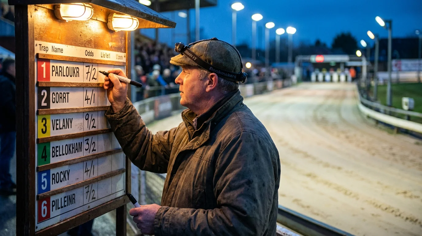 On-course bookmaker board displaying greyhound starting prices at a UK track