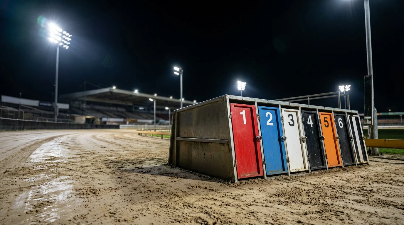 Six greyhounds in coloured racing jackets lined up at starting traps