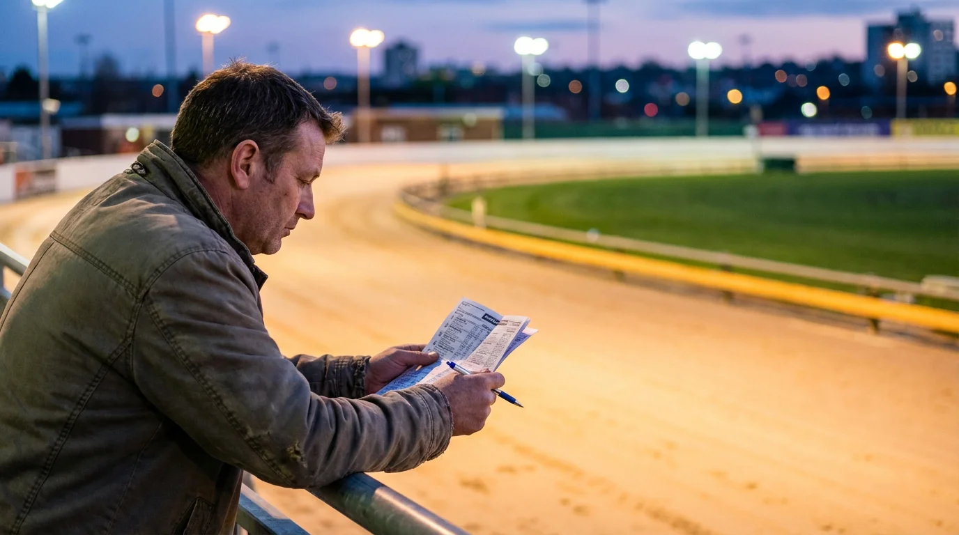 How to bet on the Greyhound Derby — punter studying a race card at the track