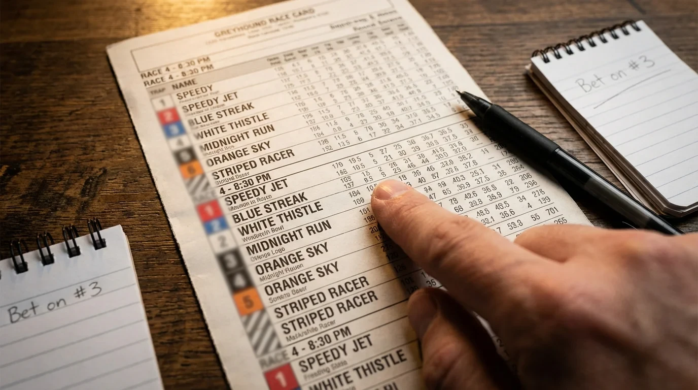 Greyhound race card with form data and trap numbers on a table