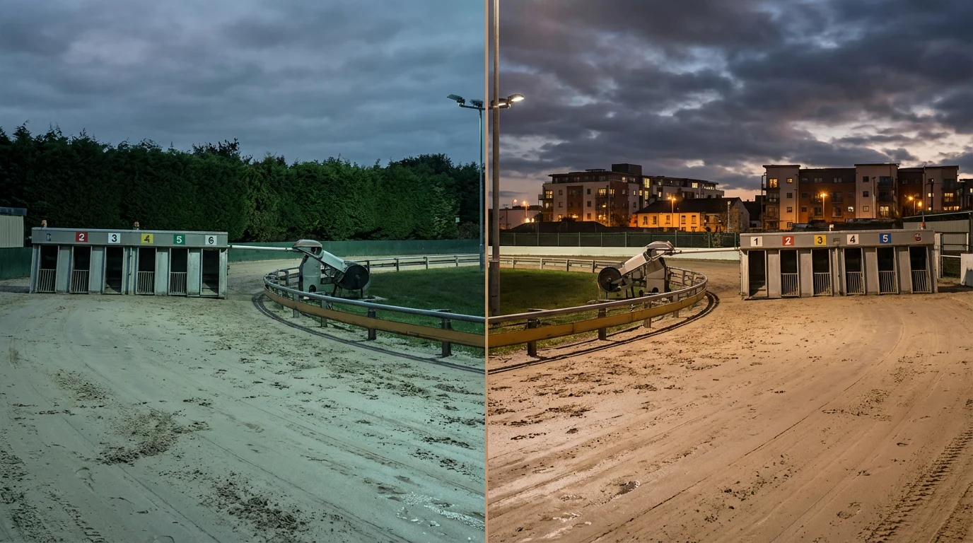 Greyhound racing at Shelbourne Park and Towcester side by side