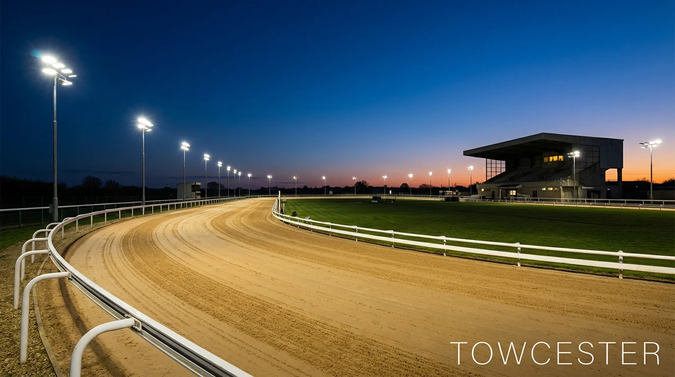 Towcester greyhound stadium sand track under floodlights at evening