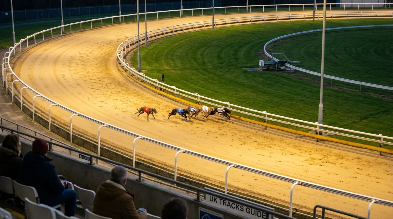 Wide view of a UK greyhound racing track with sand surface and floodlights