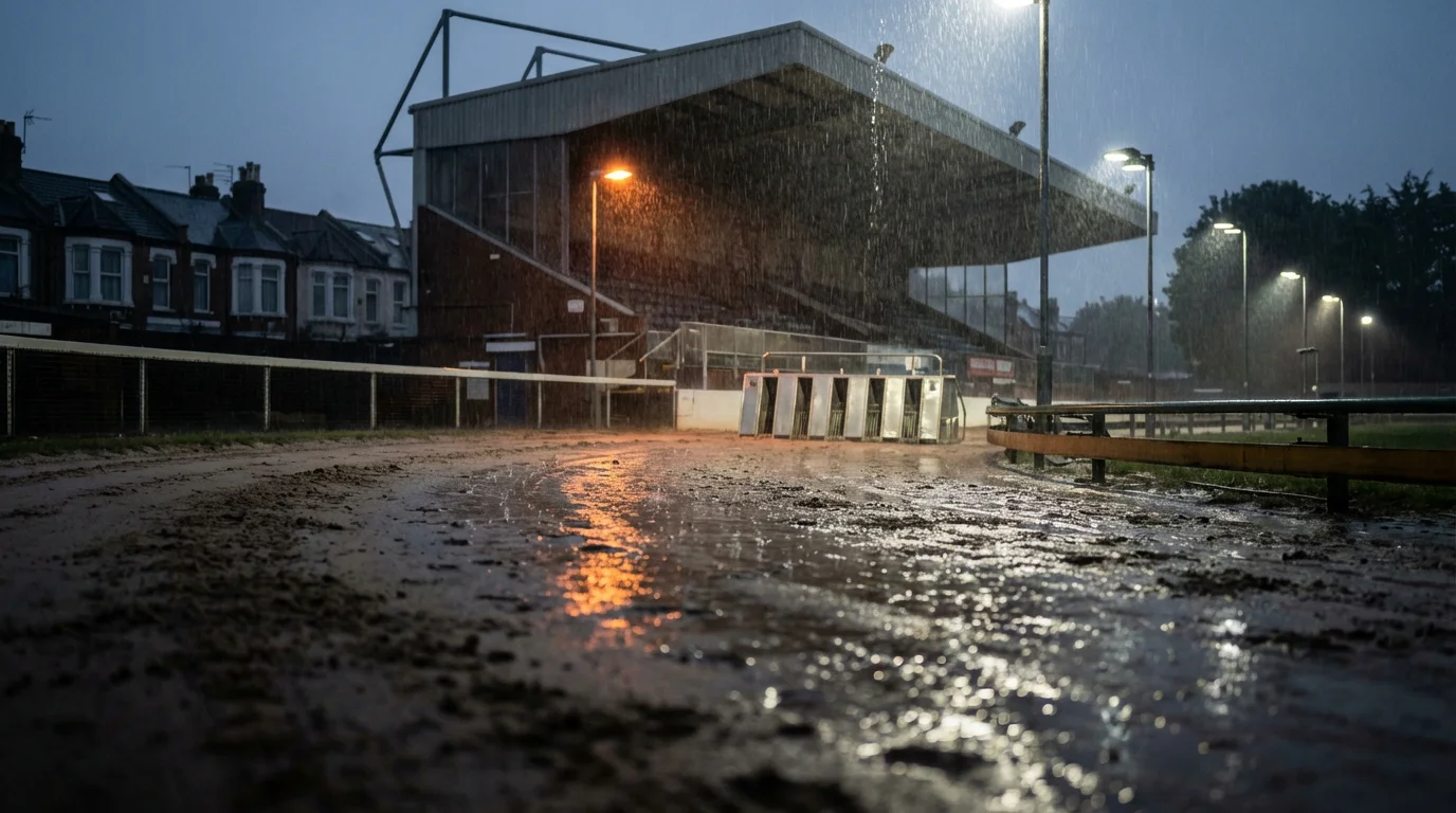 Greyhound racing on a wet sand track under rain at a UK stadium